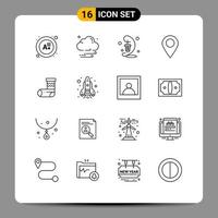 Group of 16 Outlines Signs and Symbols for festivity celebration ramadan pin map Editable Vector Design Elements
