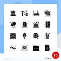 Editable Vector Line Pack of 16 Simple Solid Glyphs of moon virus delivery truck computer antivirus Editable Vector Design Elements