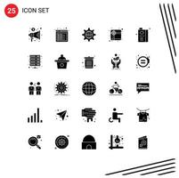 Mobile Interface Solid Glyph Set of 25 Pictograms of food and security present box Editable Vector Design Elements