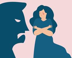 Man's shadow threatening a terrified woman. Girl says NO to abuse and protects herself. Stop domestic violence, school bullying. Protest against sexual assault and exploitation concept.