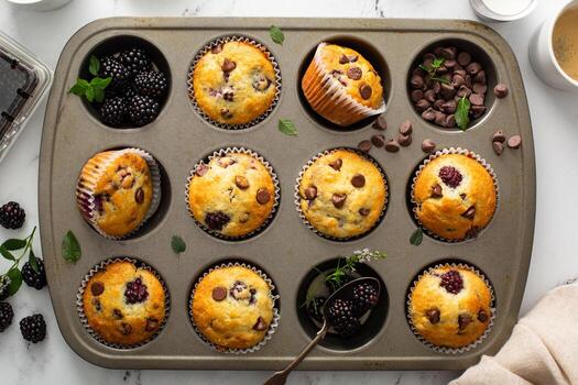 muffins de moras y chispas de chocolate, receta de verano foto