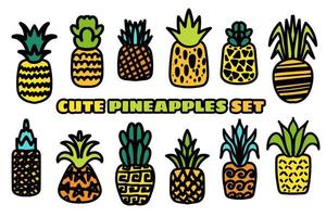Pineapples vector hand drawn illustration set