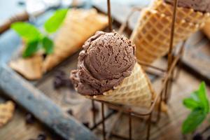 Chocolate mint ice cream in waffle cones photo