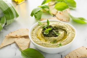 Basil hummus topped with pesto photo