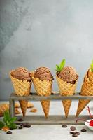 Chocolate ice cream in waffle cones photo