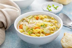 Traditional chicken noodle soup with egg noodles photo