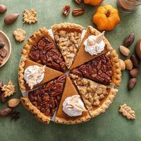 Traditional fall Thanksgiving pie slices, pumpkin and pecan pie photo