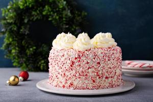 Peppermint bark and chocolate cake for Christmas on a festive background photo
