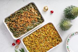 Christmas dinner side dishes including greean beans casserole and stuffing photo