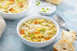 Traditional chicken noodle soup with egg noodles photo