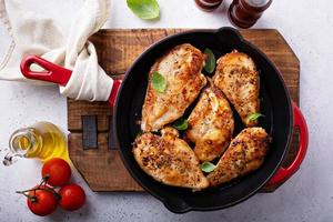 Cooked chicken breast in a skillet photo