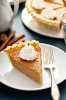 Traditional pumpkin pie with whipped cream and cinnamon photo