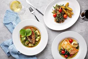 Spring lunch trio of salmon chicken and vegetarian photo