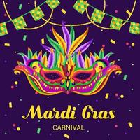 Invitation card to a carnival party. Traditional mask with feathers, maracas, fireworks, tropical leaves for carnival, Mardi Gras, festival, masquerade, parade.
