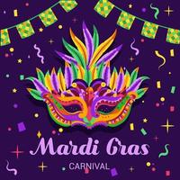 Invitation card to a carnival party. Traditional mask with feathers, maracas, fireworks, tropical leaves for carnival, Mardi Gras, festival, masquerade, parade. vector