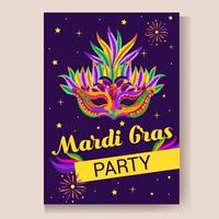 tarjeta de invitación a una fiesta de carnaval mardi gras. máscara tradicional con plumas, maracas, fuegos artificiales, hojas tropicales para carnaval, mardi gras, festival, mascarada, desfile. vector