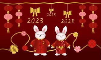 Chinese new year. Rabbits, bunnies, hare in red kimono, Lanterns, bow, 2023, monet Vector illustration.