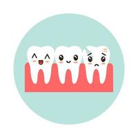 Row of healthy teeth and a cracked tooth. Kawaii emotion Flat vector illustration.