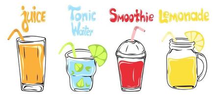 Non-alcoholic refreshing drinks. Set of hand drawn glasses of tonic water, juice, smoothie and lemonade vector