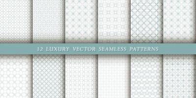 A set of 12 luxurious geometric patterns for printing and design, gray-blue lines on a white background. Modern and stylish patterns vector