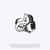 Calligraphic letter A logo with beautiful woman portrait.Elegant makeup and hairstyle icon.Beauty and hair salon vector illustration isolated on light white color background.