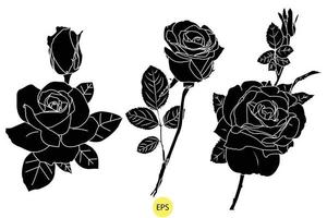 conjunto de siluetas de rosas decorativas negras, siluetas negras vectoriales de flores aisladas en un fondo blanco. vector