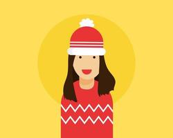 Merry Christmas concept A happy girl wearing a red sweater and red Santa hat. Cartoon vector style for your design.