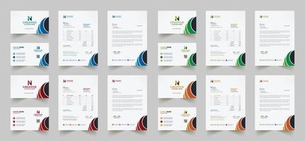 el diseño de identidad de marca corporativa incluye tarjetas de presentación, facturas, diseños de membretes y paquetes de papelería modernos con plantillas abstractas vector