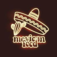 Mexican food neon style logo. Neon sign, design template with retro test, sombrero and cactus. Bright glowing banner, nightlife advertisement, neon billboard. Vector illustration.