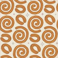 Seamless pattern with spiral Spanish churro. Latin American traditional pastries. Endlessly repeating churros. Vector contour vintage illustration for design.