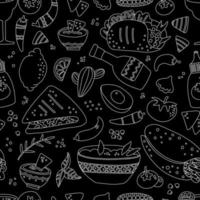 Mexican food seamless pattern for Menu design. Engraved style image in black background. Different mexican dishes. Linear graphic on chalkboard. Chalkboard style. Hand drawn vector illustration.