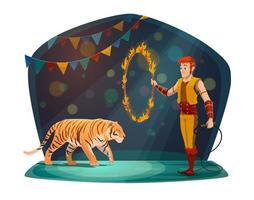 Handler with tiger jumping in fire on circus arena vector