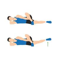 Man doing Lying Crossover Leg Lift Exercise in 2 steps. Illustration about workout diagram for muscles stretch, leg, thing, hip. Flat vector illustration isolated on white background