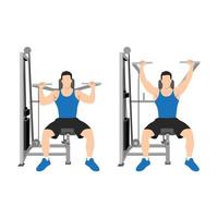 Man doing a shoulder press exercise on a weight machine exercise. Flat vector illustration isolated on white background