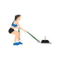 Woman doing sled pulls exercise. Flat vector illustration isolated on white background with layer. Workout character