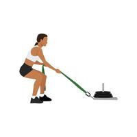 Woman doing sled pulls exercise. Flat vector illustration isolated on white background with layer. Workout character