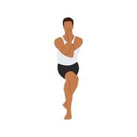 Man doing eagle pose Garudasana exercise. Flat vector illustration isolated on white background