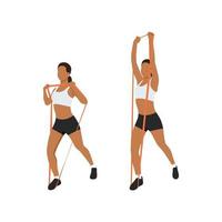 Woman doing overhead press with resistance band exercise. Flat vector illustration isolated on white background