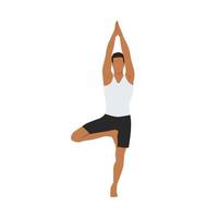 Man doing tree pose vrksasana exercise. Flat vector illustration isolated on white background