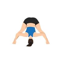 Woman doing intense Leg Stretch Pose D, Wide Legged Forward Fold Pose D, Standing Straddle Forward Bend D, Wide Angle Forward Fold D.Prasarita Padottanasana. Flat vector illustration