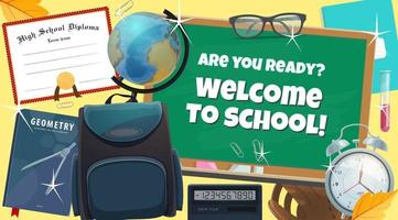 Back to school college books and diploma poster vector