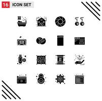 Group of 16 Solid Glyphs Signs and Symbols for coconut sound lens music clothing Editable Vector Design Elements