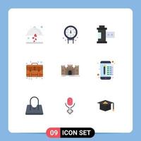 Flat Color Pack of 9 Universal Symbols of castle suitcase camera case services Editable Vector Design Elements