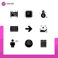Mobile Interface Solid Glyph Set of 9 Pictograms of right forward processor arrow court Editable Vector Design Elements