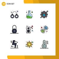 Mobile Interface Filledline Flat Color Set of 9 Pictograms of gear music profile loud padlock Editable Vector Design Elements