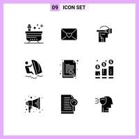 Modern Set of 9 Solid Glyphs and symbols such as document wind virtual water surfer Editable Vector Design Elements