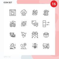 Pack of 16 Modern Outlines Signs and Symbols for Web Print Media such as money clipboard map check list pencil and ruler Editable Vector Design Elements