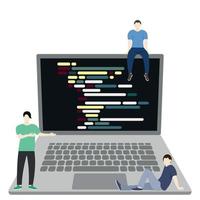 tres pequeños muchachos cerca de una gran computadora portátil, programadores, aislados en blanco, vector plano, ilustración sin rostro, trabajo en equipo de programadores