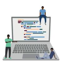 Three dark-skinned little guys near a big laptop, programmers, isolate on white, flat vector, faceless illustration, teamwork of programmers, program code vector