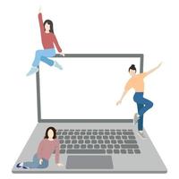 tres niñitas en diferentes poses cerca de una gran laptop, programadoras, aisladas en blanco, vector plano, ilustración sin rostro, trabajo en equipo de programadores